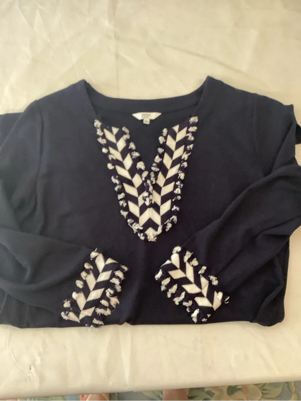 crown & ivy Navy Long-Sleeve Tunic Dress with White Chevron Trim